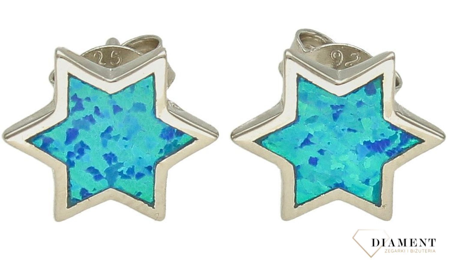 Kolczyki srebrne wkrętki z niebieskim opalem syntetycznym w kształcie gwiazdki  DIA-KLC-10178-925.jpg