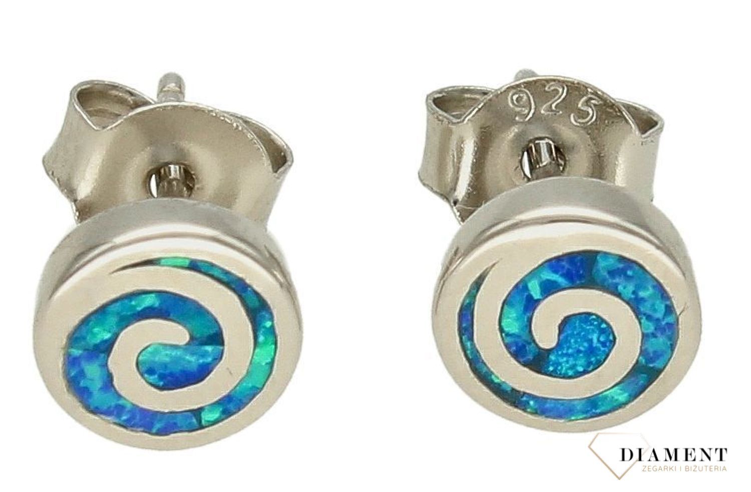 Srebrne kolczyki damskie na sztyft niebieskie opale w formie spiralki DIA-KLC-10183-925.jpg