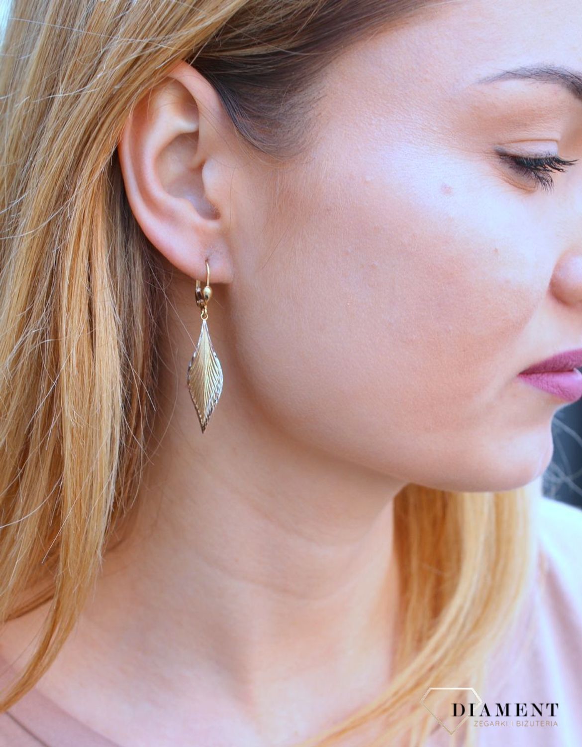 Kolczyki damskie  Wielobarwny, złoty listek  585  DIA-KLC-10216-585d.jpg