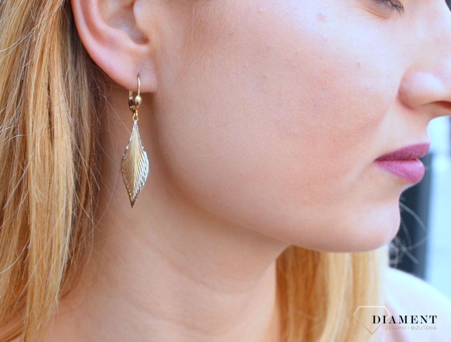 Kolczyki damskie  Wielobarwny, złoty listek  585  DIA-KLC-10216-585d.jpg