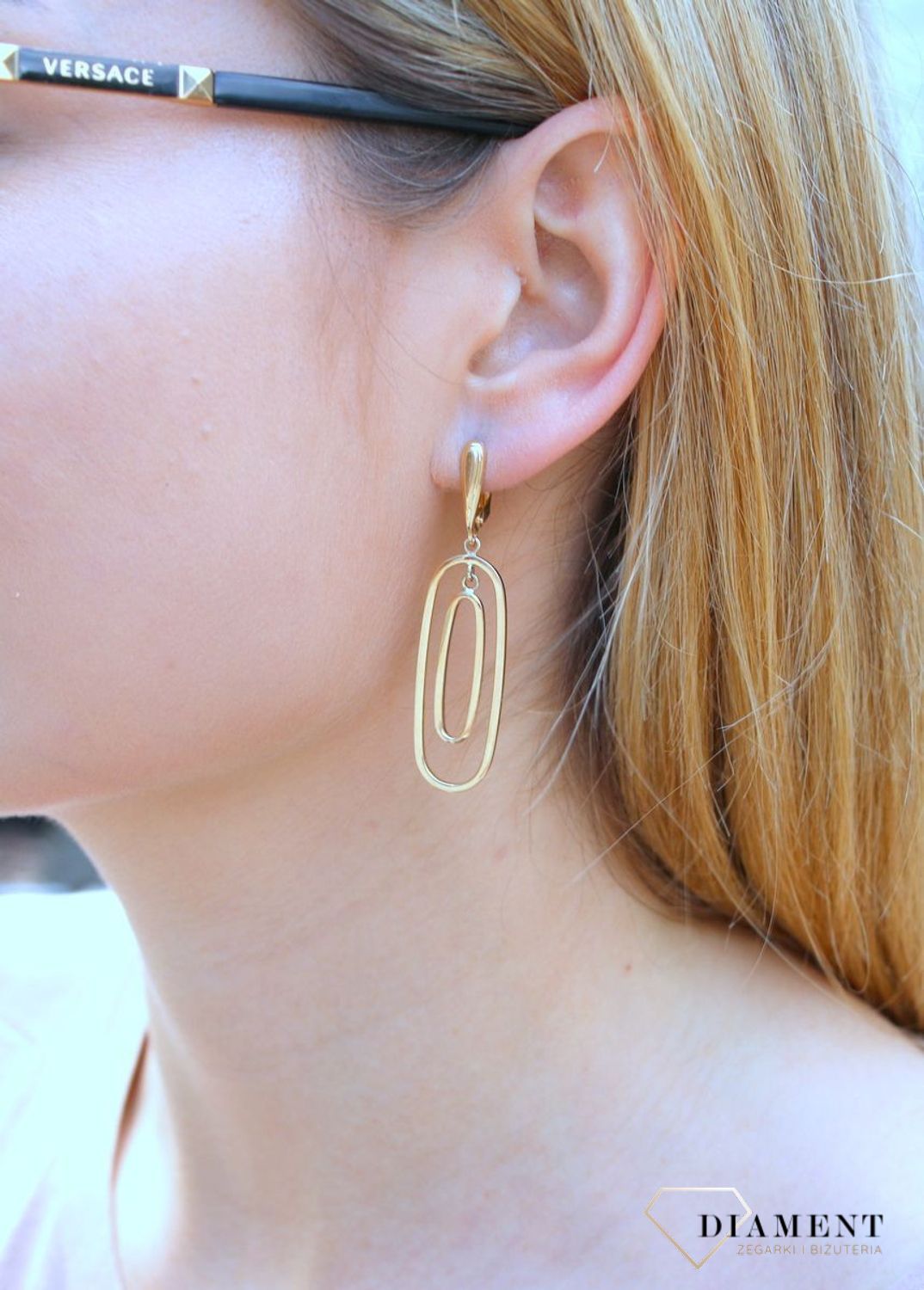 Złote kolczyki damskie  Podwójne spinaczowe ogniwa  585 DIA-KLC-10246-585d.jpg