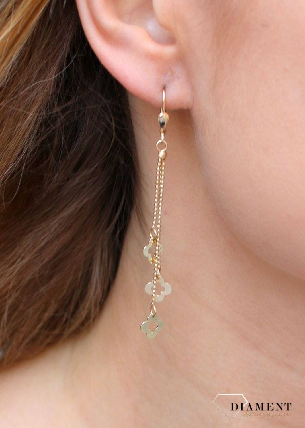 Kolczyki damskie złote  Wiszące koniczynki  585 DIA-KLC-10248-585 (2).jpg