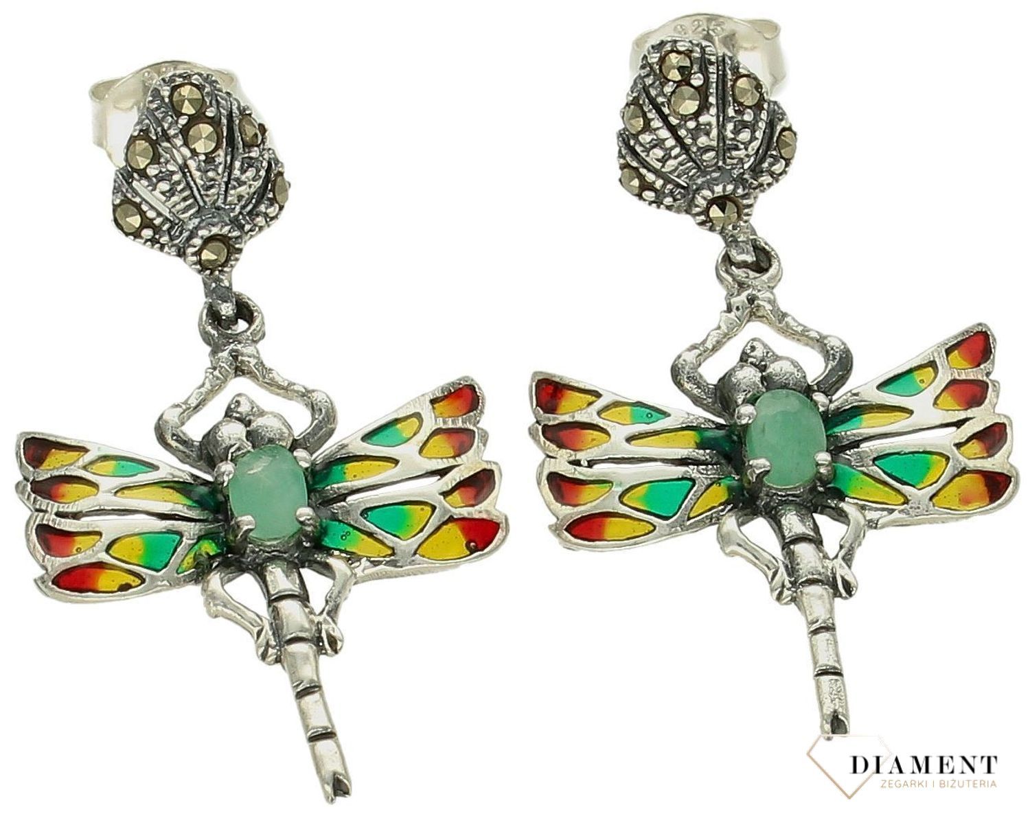 Srebrne kolczyki damskie kolorowe Ważki z awenturynem i markazytami DIA-KLC-10270-925. Kolczyki ważki. Oryginalne kolczyki. Wyszukana srebrna biżuteria. Artystyczna biżuteria. Kolczyki na prezent dla kobiety..jpg