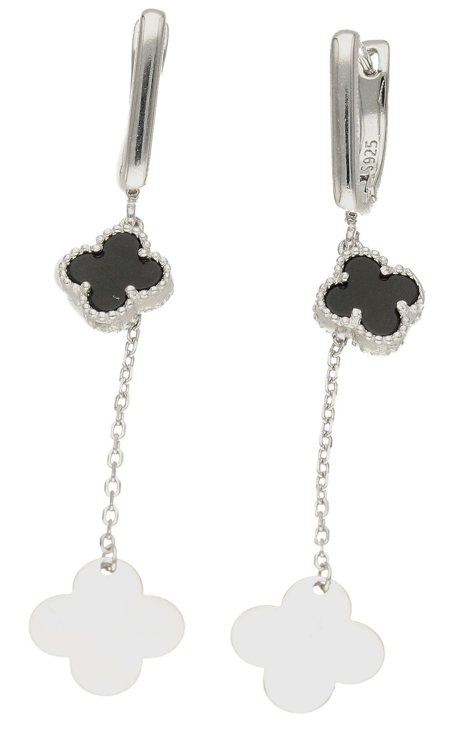 Srebrne kolczyki damskie 925 długie czarne koniczynki DIA-KLC-10271-925. Srebrne kolczyki damskie koniczyny. Srebrne długie kolczyki wiszące. Kolczyki z modnym wzorem. Pomysł na prezent dla kobiety, dla dziewczyny..jpg