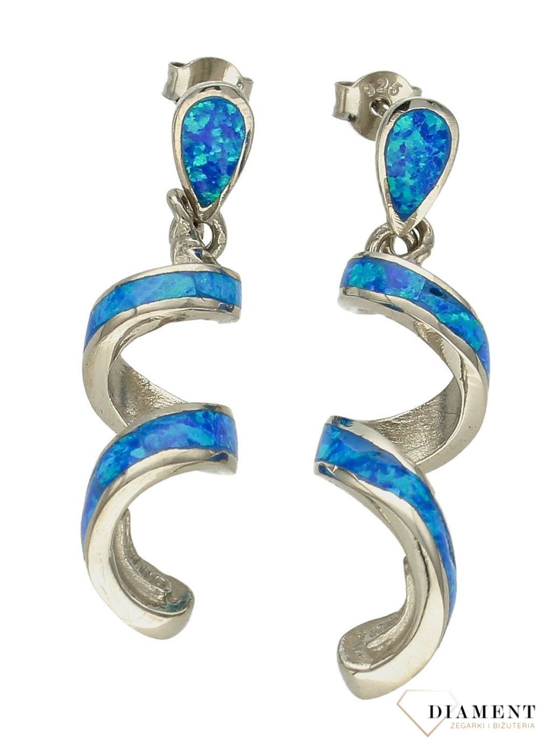 Srebrne kolczyki damskie wiszące spiralki z niebieskim opalem DIA-KLC-10290-925. Srebrne kolczyki dla kobiety. Pomysł na prezent dla kobiety. Niebieskie kolczyki. Kolorowe kolczyki na lato z opalem. Kolczyki opal..jpg