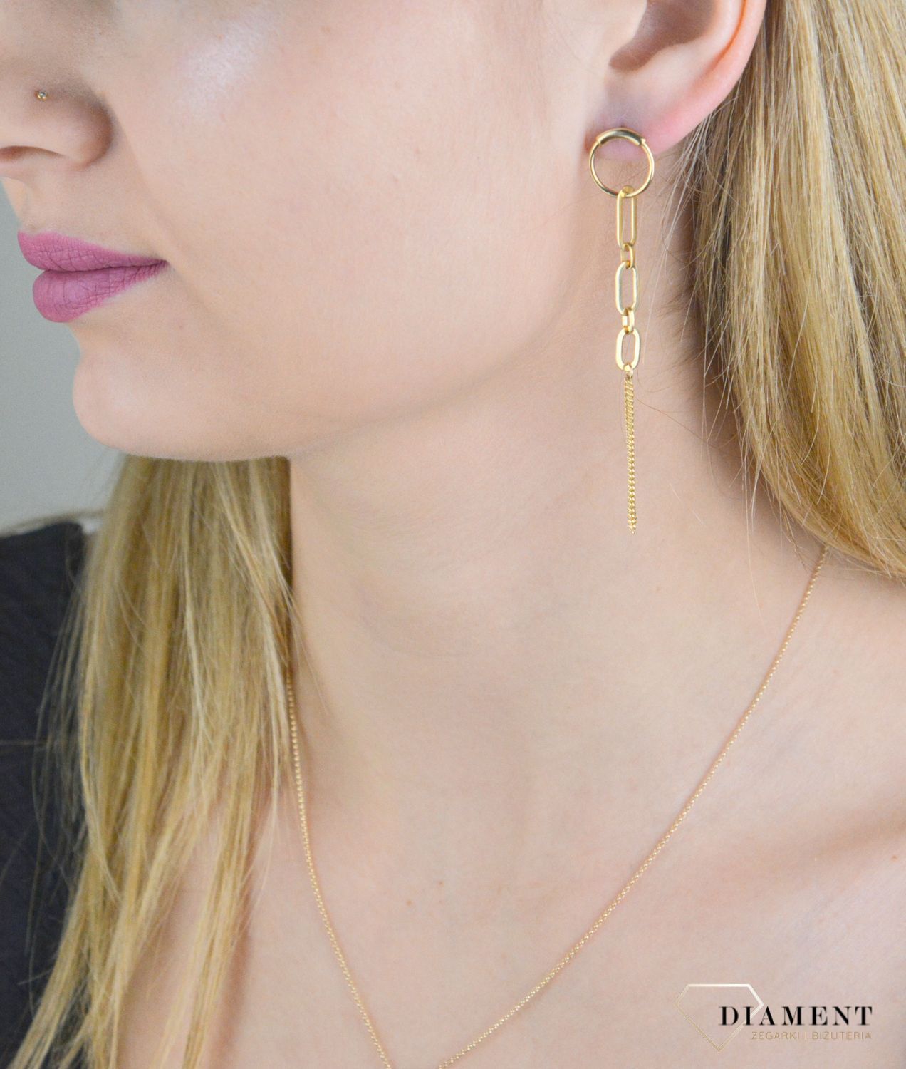 Kolczyki złote damskie Geometryczne długie kolczyki z łańcuszkami 585 DIA-KLC-10437-585.jpg