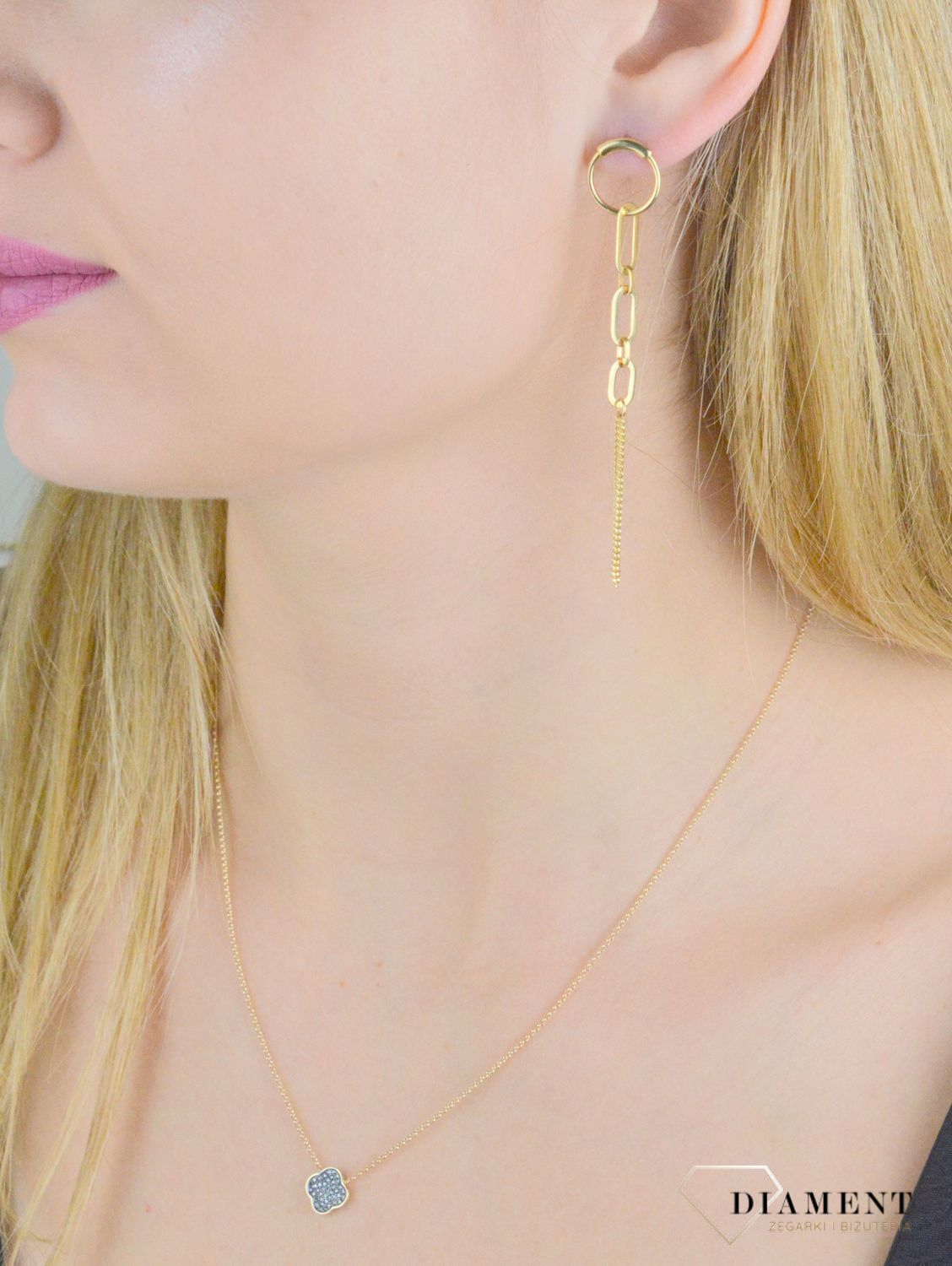 Kolczyki złote damskie Geometryczne długie kolczyki z łańcuszkami 585 DIA-KLC-10437-585.jpg