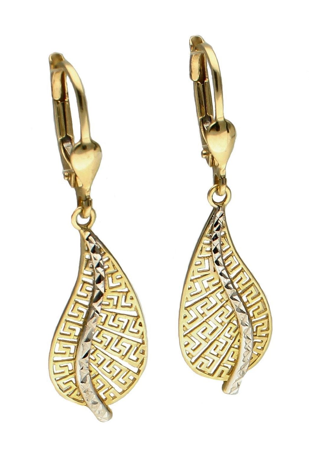 Kolczyki damskie złote Żółto-biała łezka z wzorem Drogi Greckiej 585 DIA-KLC-10439-585 (1).jpg