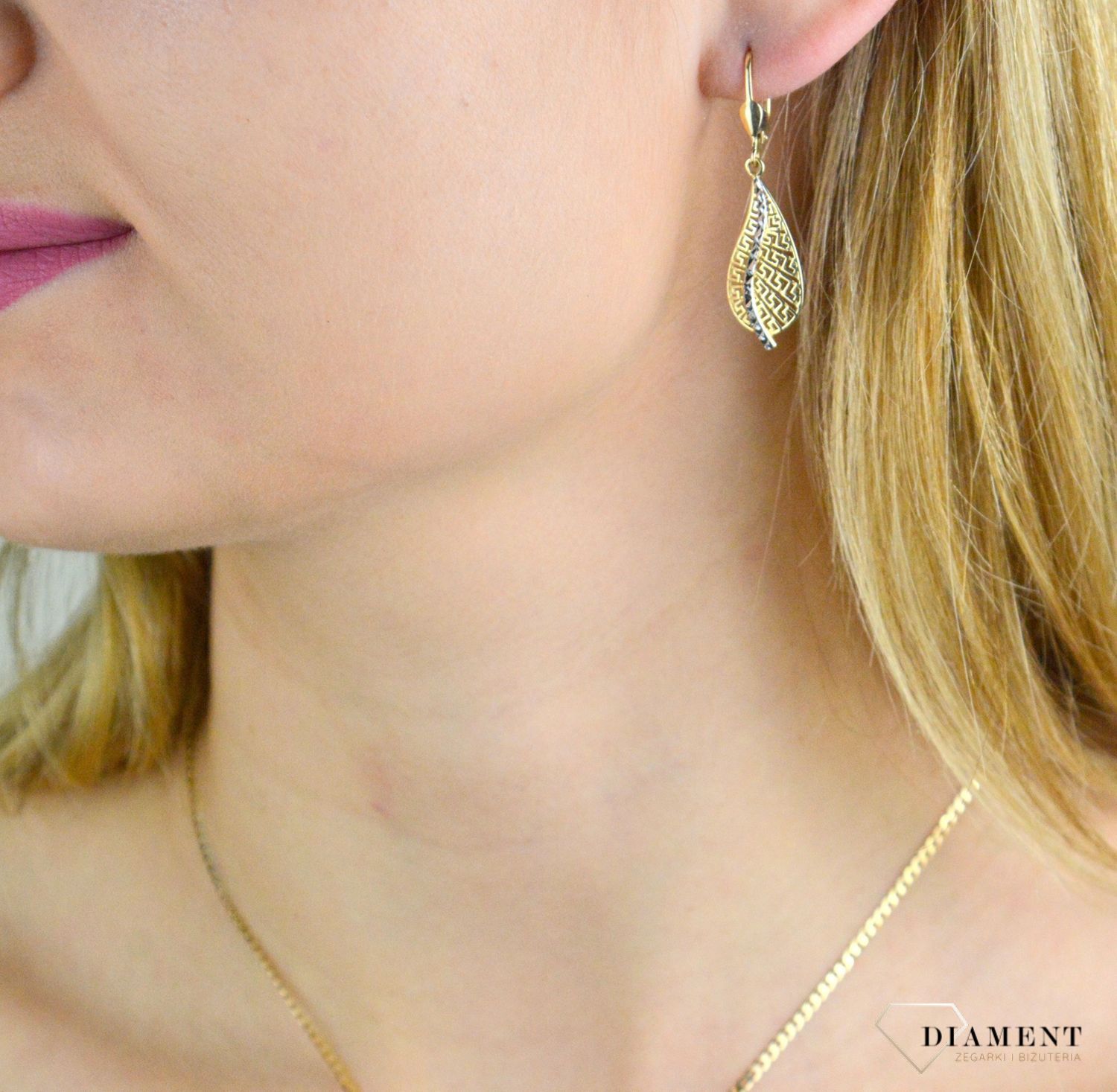 Kolczyki damskie złote Żółto-biała łezka z wzorem Drogi Greckiej 585 DIA-KLC-10439-585 (1).jpg