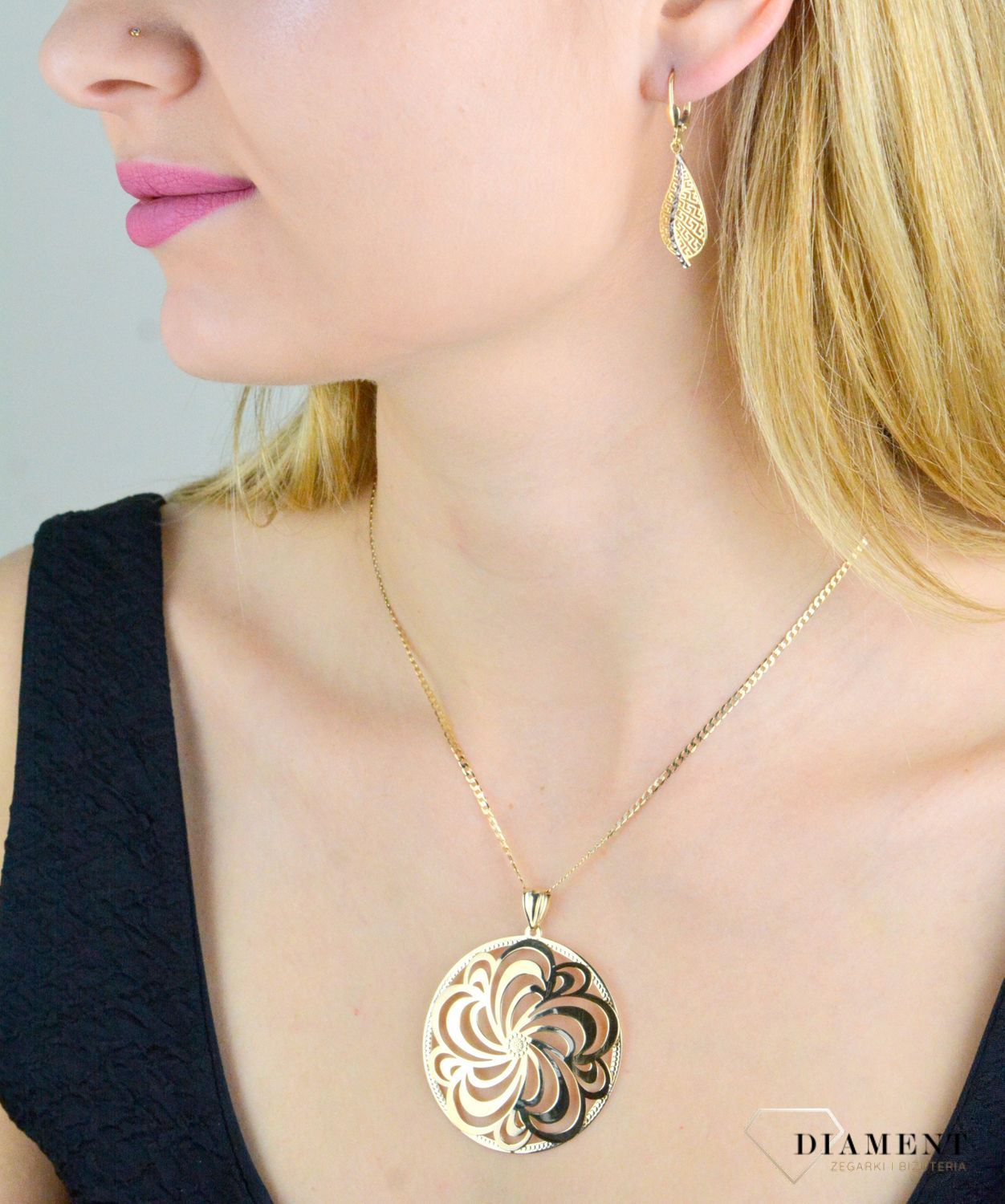 Kolczyki damskie złote Żółto-biała łezka z wzorem Drogi Greckiej 585 DIA-KLC-10439-585 (1).jpg