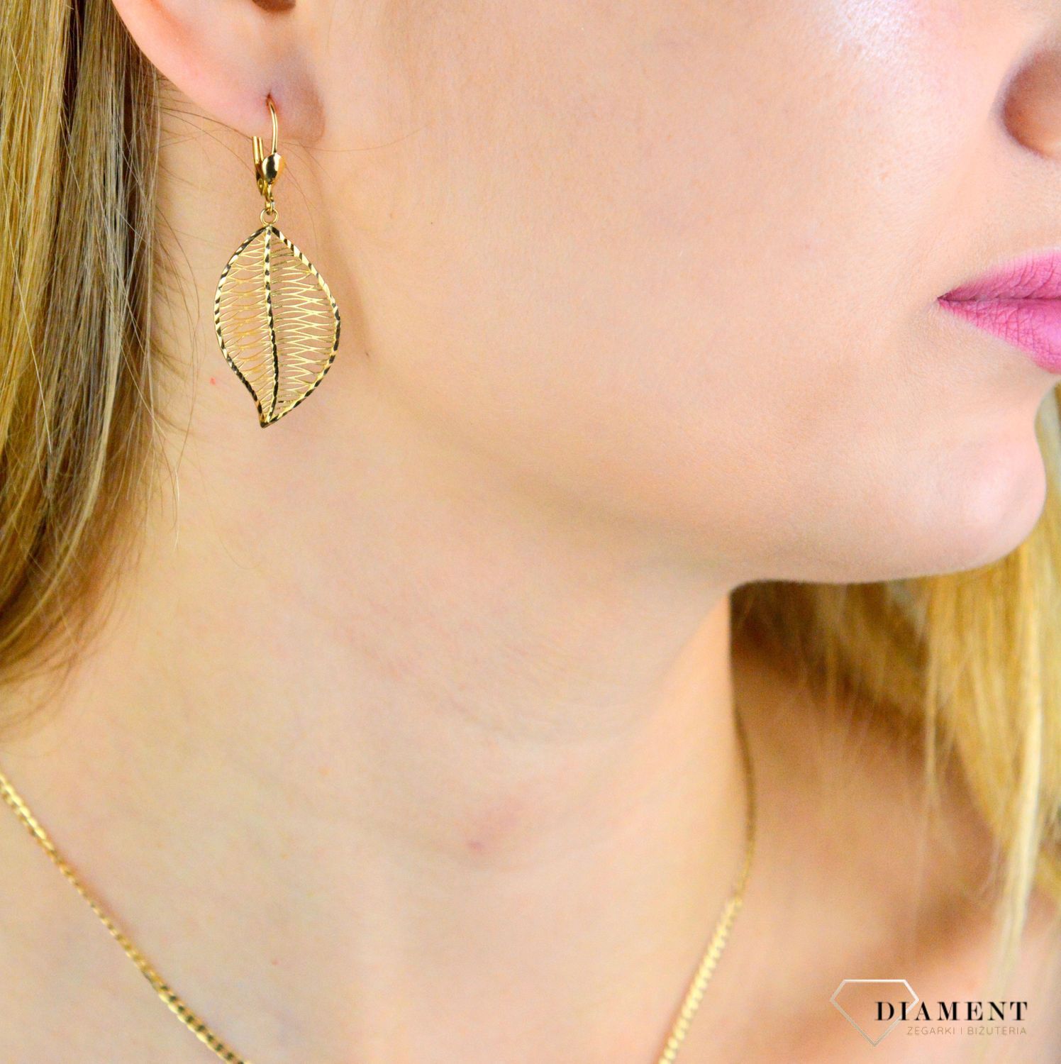 Kolczyki damskie złote Wiszące złote Listki o ażurowej formie 585 DIA-KLC-10441-585.jpg