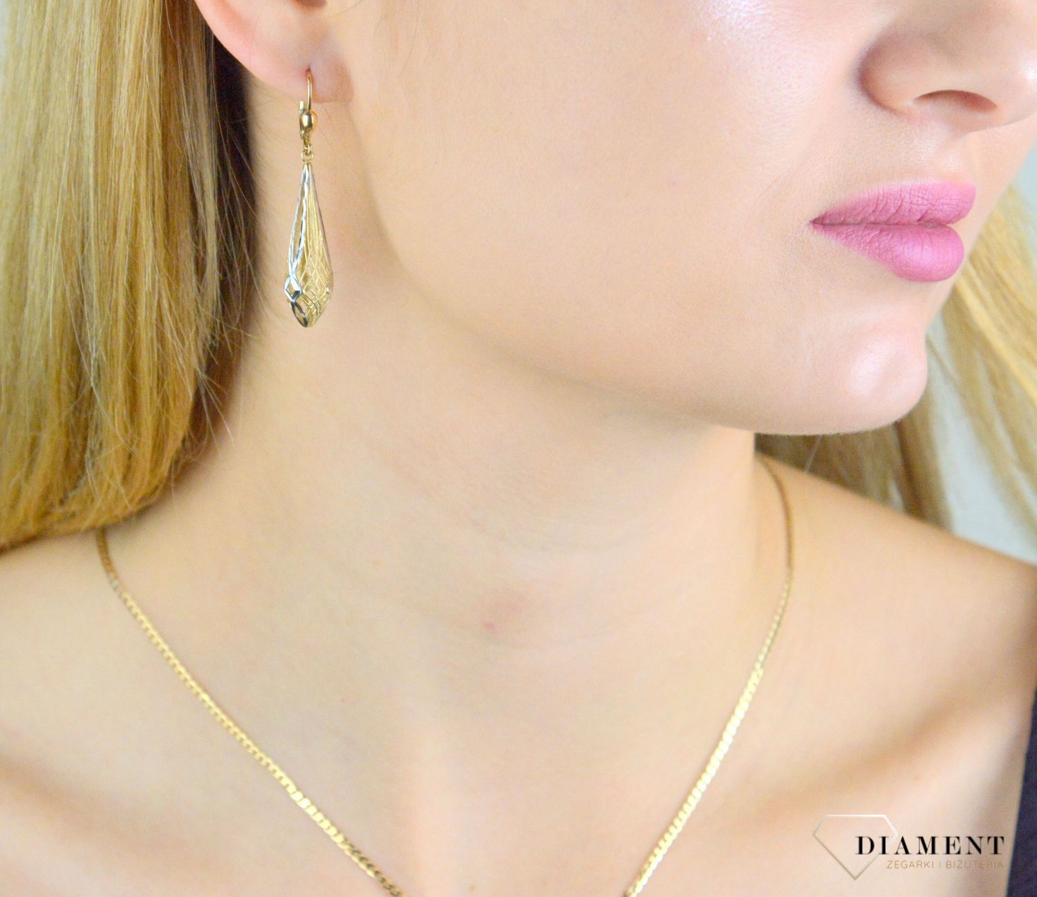 Kolczyki złote damskie Wiszące dwukolorowe sopelki, ażurowe kolczyki 585 DIA-KLC-10477-585 (1).jpg