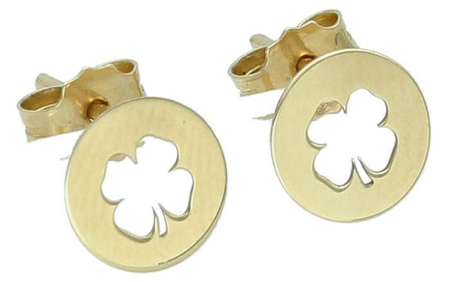 Kolczyki złote blaszki z koniczynką pr 585, DIA-KLC-1048-585 Kolczyki mają okrągły kształt z wyciętą koniczynką. Kolczyki to ponadczasowa biżuteria, która pasuje do każdego rodzaju stylizacji.1.jpg