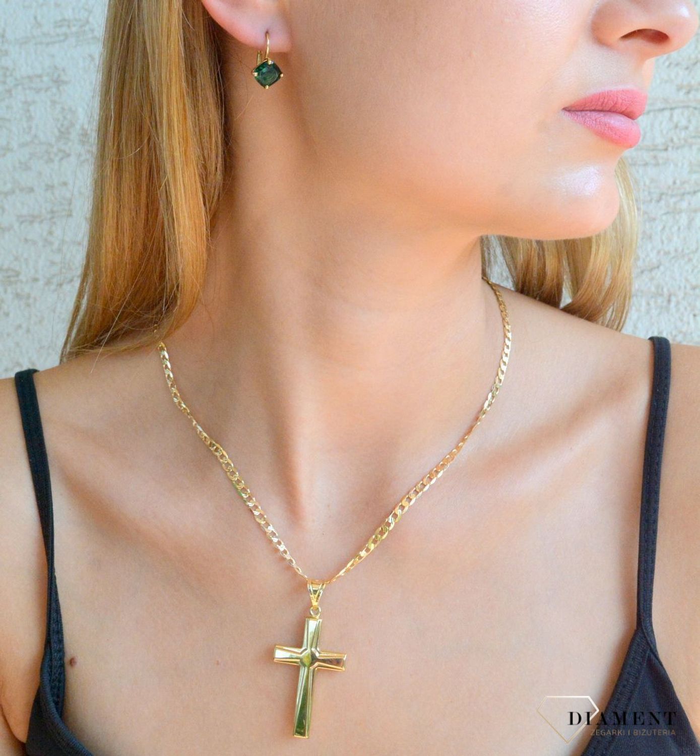 Złote kolczyki damskie 585 wiszące z zieloną cyrkonią DIA-KLC-10505-585 (2).jpg