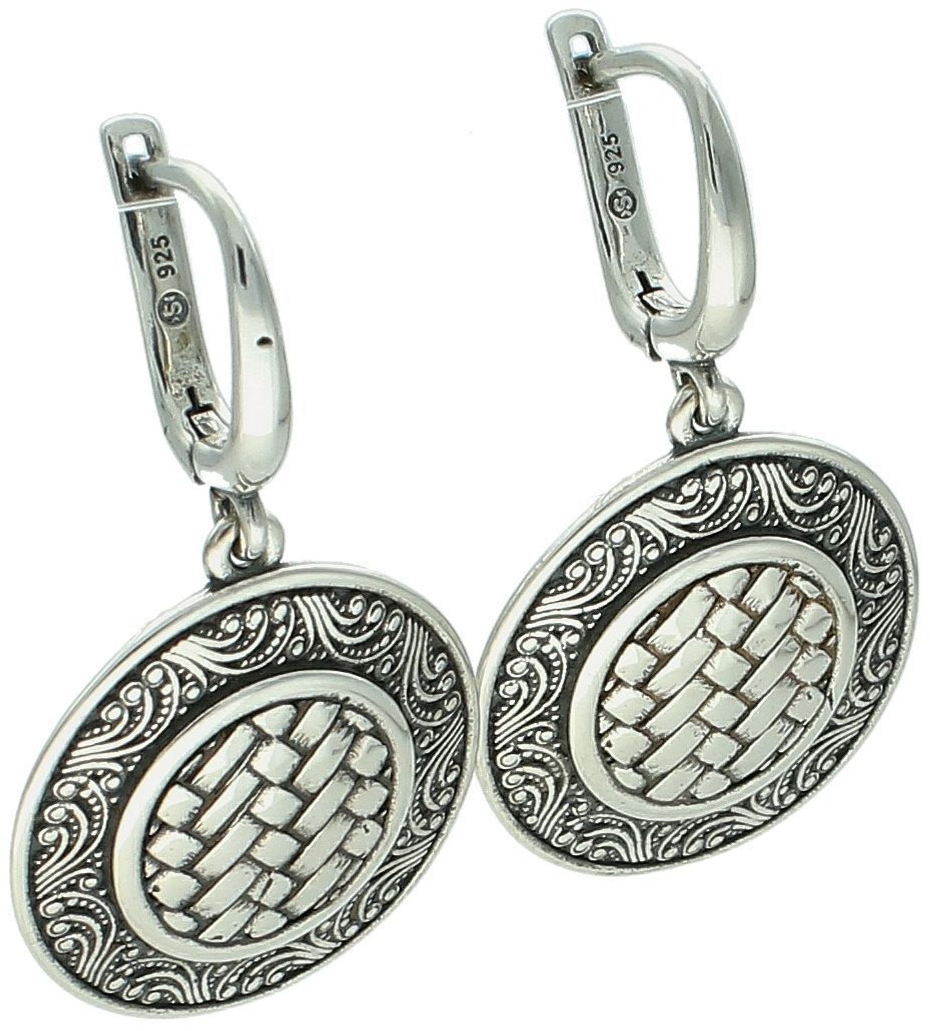 Kolczyki damskie wiszące okrągłe blaszki zdobione wzorem próba 925, DIA-KLC-10584-925.jpg