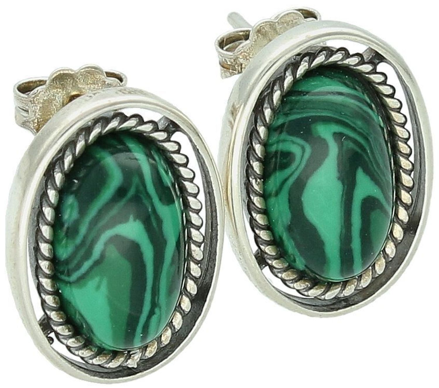 Owalne kolczyki srebrne z naturalnym malachitem – subtelna elegancja w srebrze próby 925. Zapięcie na sztyft, klasyka i harmonia w jednym.1.jpg