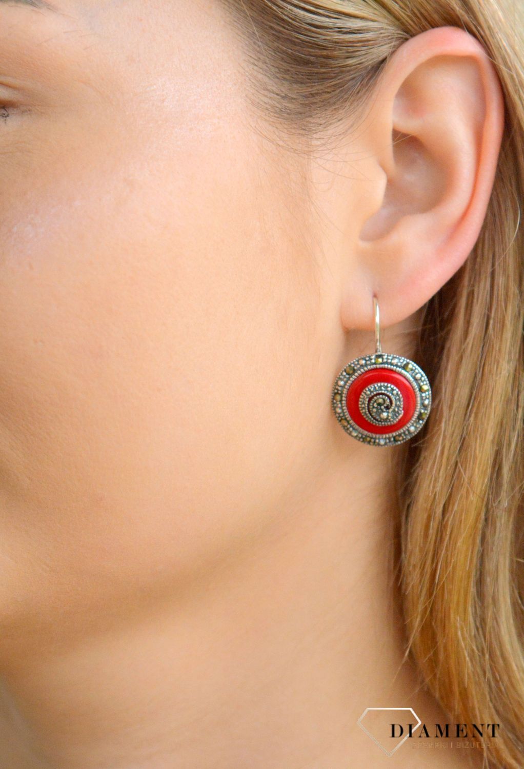 Srebrne kolczyki damskie 925 koral z markazytami DIA-KLC-10588-925.jpg