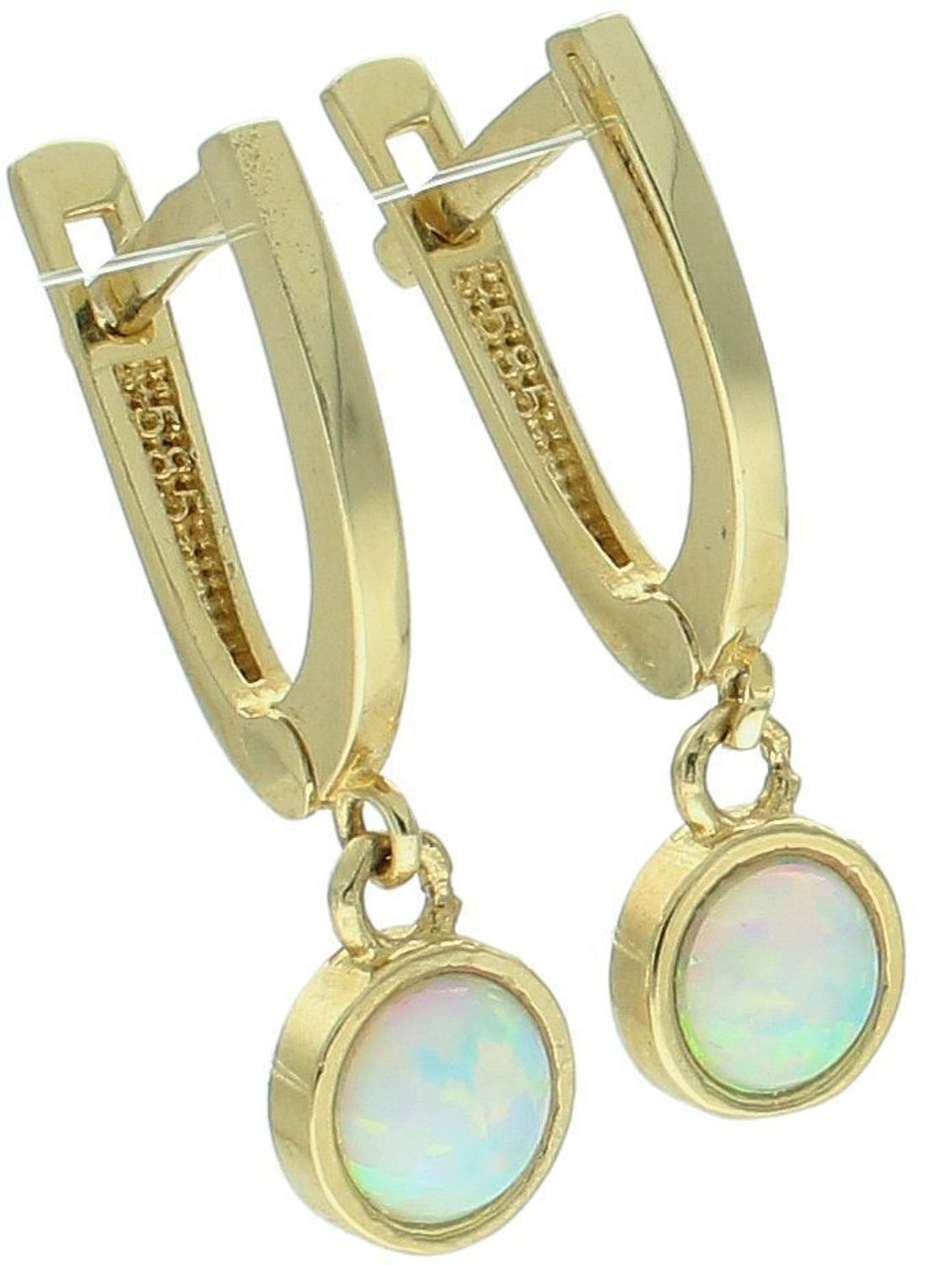 Kolczyki złote 585 z wiszącym opalem DIA-KLC-10677-585 Złote kolczyki wiszące wykonane z najwyższej jakości żółtego złota, próba 585, ozdobione opalem. Kolczyki w modowym stylu, wpisujące 1.jpg