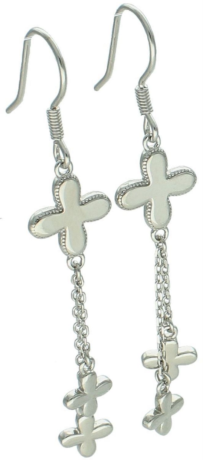 Eleganckie kolczyki srebrne wiszące DIA-KLC-10695-925 z dwoma łańcuszkami i trzema kwiatkami, próba 925, waga 3,0 g, szerokość 1 cm, zapięcie przekładane. Idealne do stylizacji na każdą okazję.1.jpg