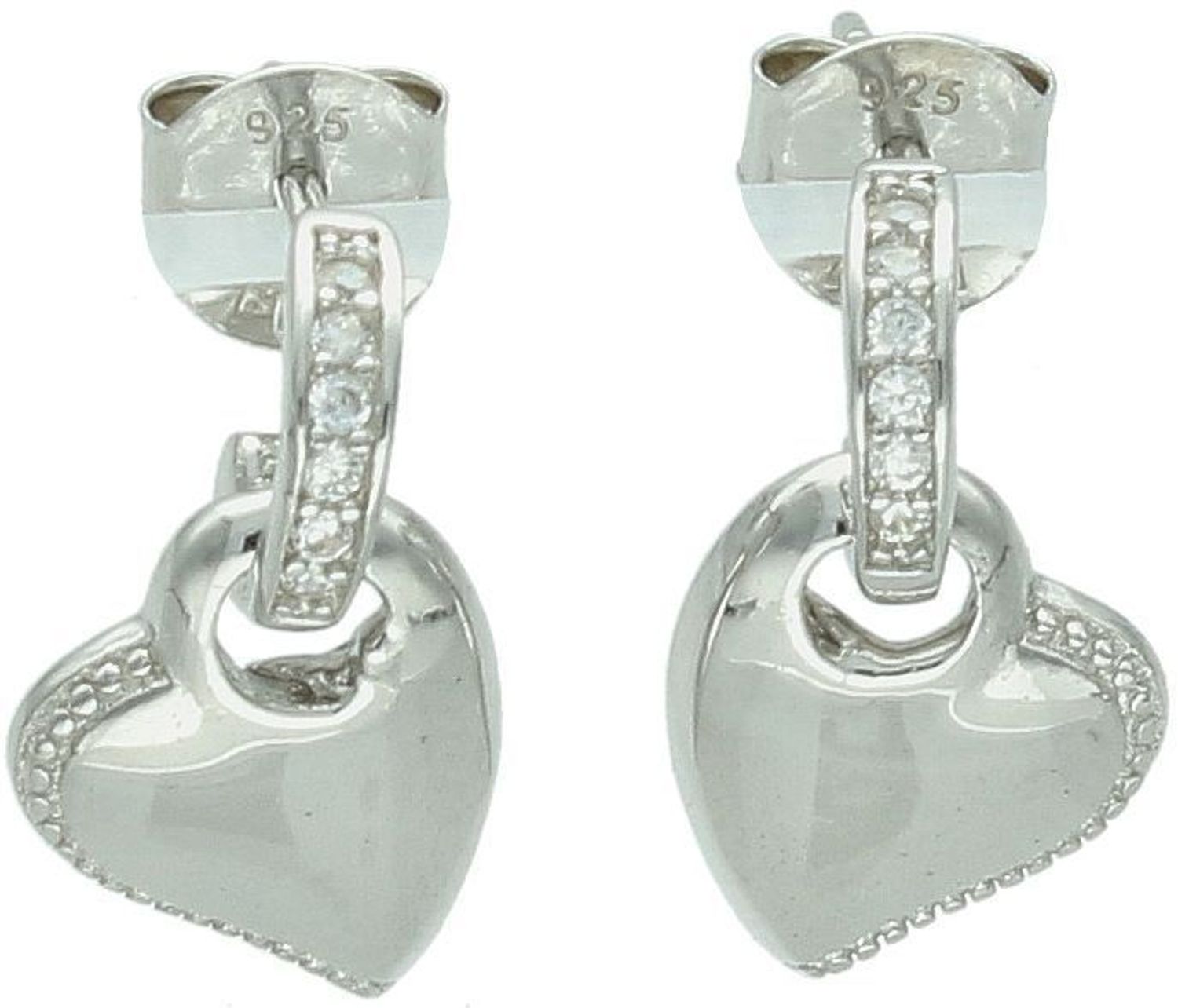 Delikatne kolczyki wiszące w kształcie serduszek zdobione cyrkoniami, srebro próby 925, model DIA-KLC-10697-925. Waga 2,40 g, długość 1,5 cm, szerokość 9 mm. Idealne na prezent i na co dzień.1.jpg