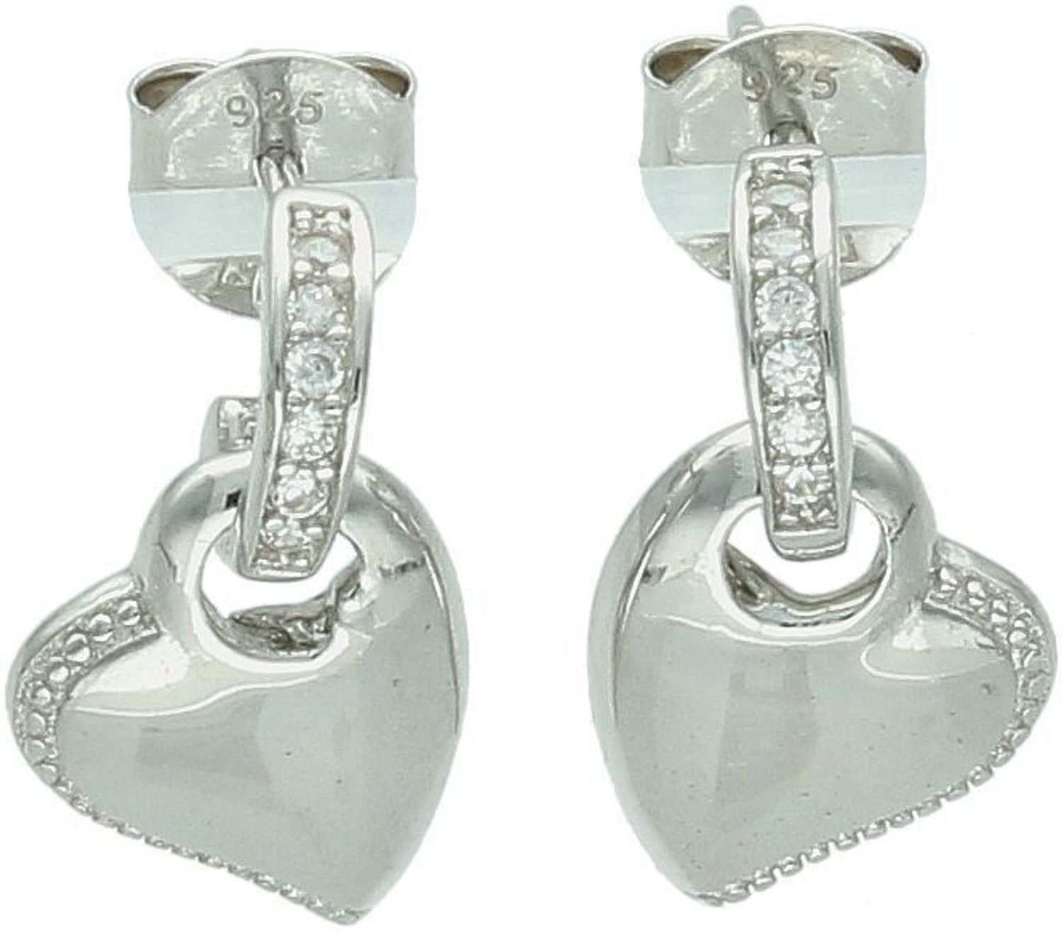 Delikatne kolczyki wiszące w kształcie serduszek zdobione cyrkoniami, srebro próby 925, model DIA-KLC-10697-925. Waga 2,40 g, długość 1,5 cm, szerokość 9 mm. Idealne na prezent i na co dzień.1.jpg