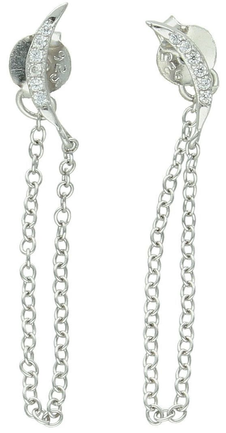 Eleganckie kolczyki wiszące ze srebra próby 925 z delikatnymi łańcuszkami i księżycami zdobionymi cyrkonią. Komfortowe zapięcie na sztyft. Idealne do codziennej i wieczorowej stylizacji.1.jpg