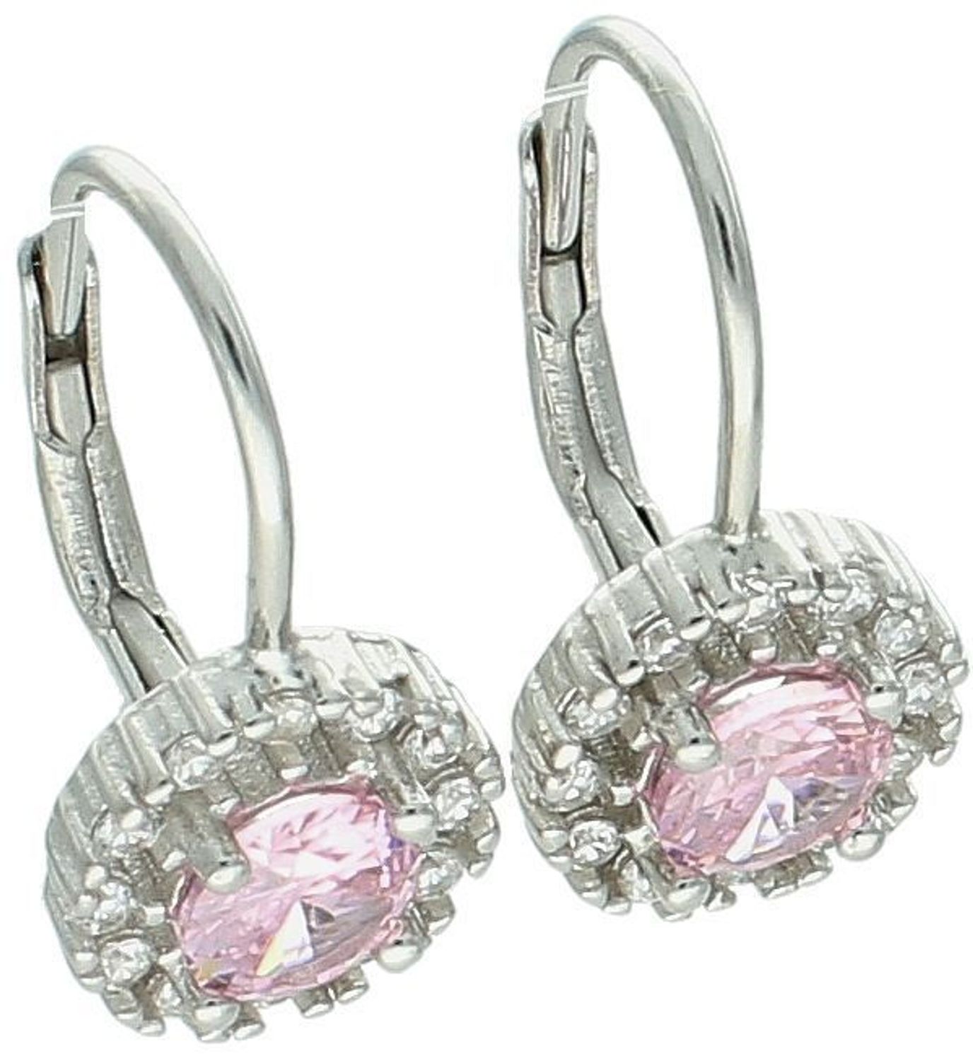 Kolczyki srebrne próby 925, wiszące i okrągłe, zdobione różową oraz białymi cyrkoniami. Model DIA-KLC-10738-925 z zapięciem typu bigiel angielski. Długość 1,7 cm, szerokość 1,0 cm, waga 2,80 g.1.jpg