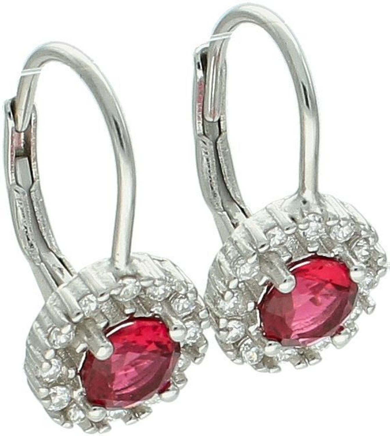 Eleganckie kolczyki wiszące damskie srebrne próba 925 zdobione czerwonymi i białymi cyrkoniami. Bigiel angielski, waga 2,80 g, długość 1,7 cm, szerokość 9 mm. Model DIA-KLC-10739-925.1.jpg