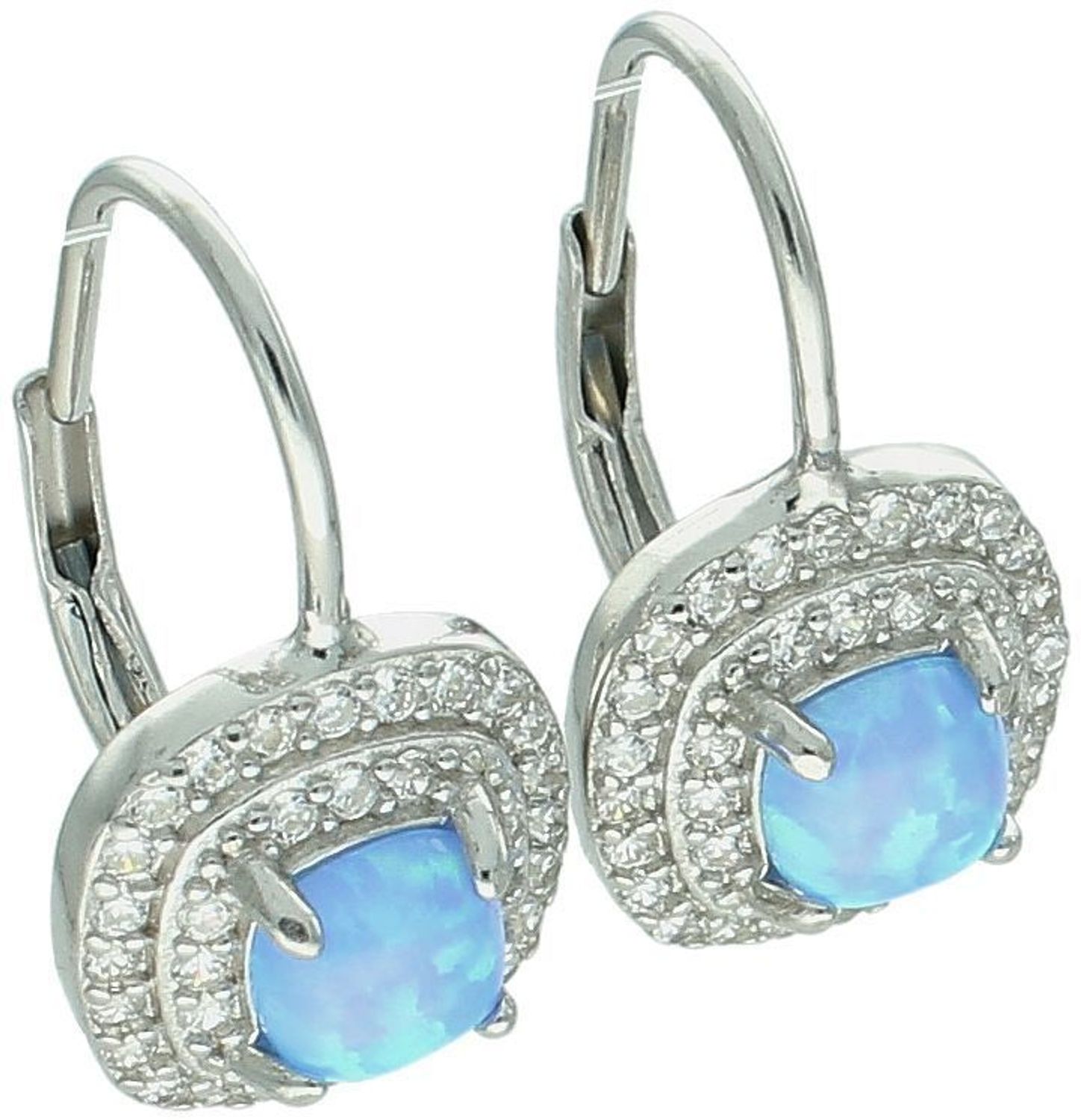 Kolczyki damskie srebrne DIA-KLC-10757-925 z niebieskim opalem i cyrkoniami. Próba 925, długość 2,0 cm, szerokość 1,0 cm, waga 3,00 g. Stylowa i subtelna biżuteria na co dzień1.jpg