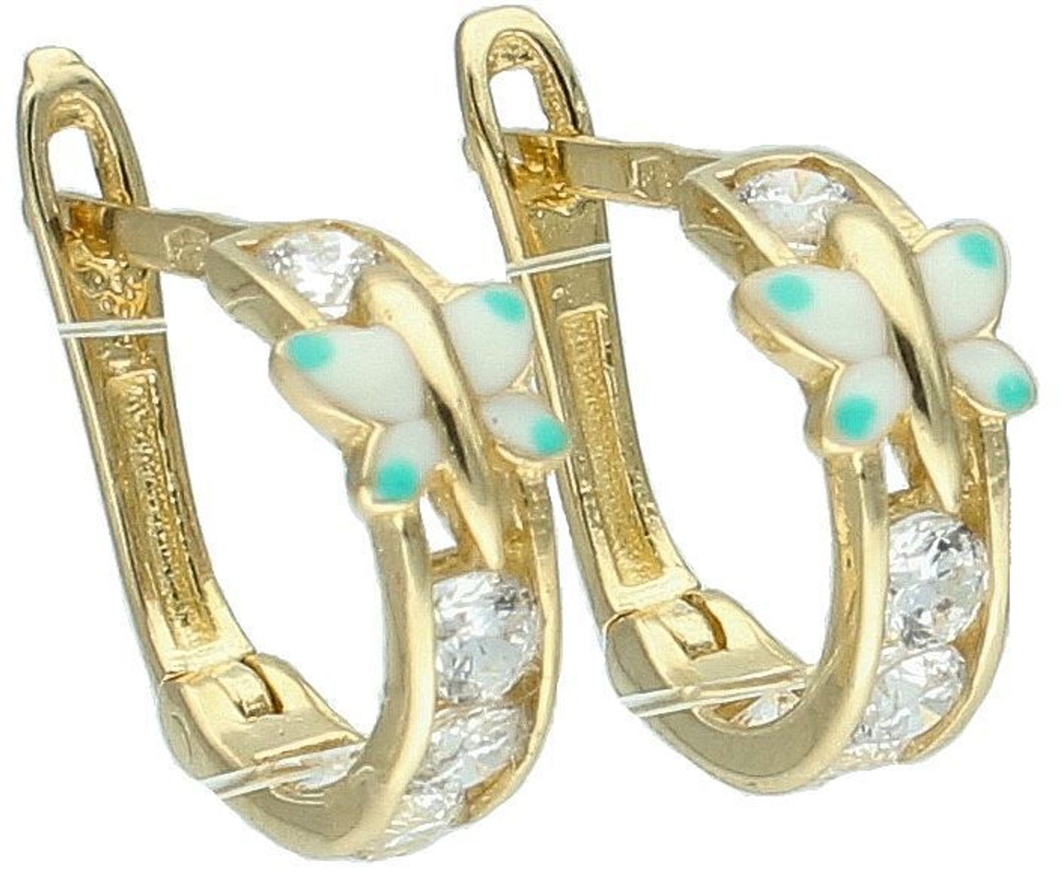 Złote kolczyki dla dziecka z niebieskim motylkiem próba 585, DIA-KLC-10872-585.Kolczyki dla dziecka w kształcie kółek z cyrkonią i motylkiem to urocza biżuteria, 1spodoba się.jpg