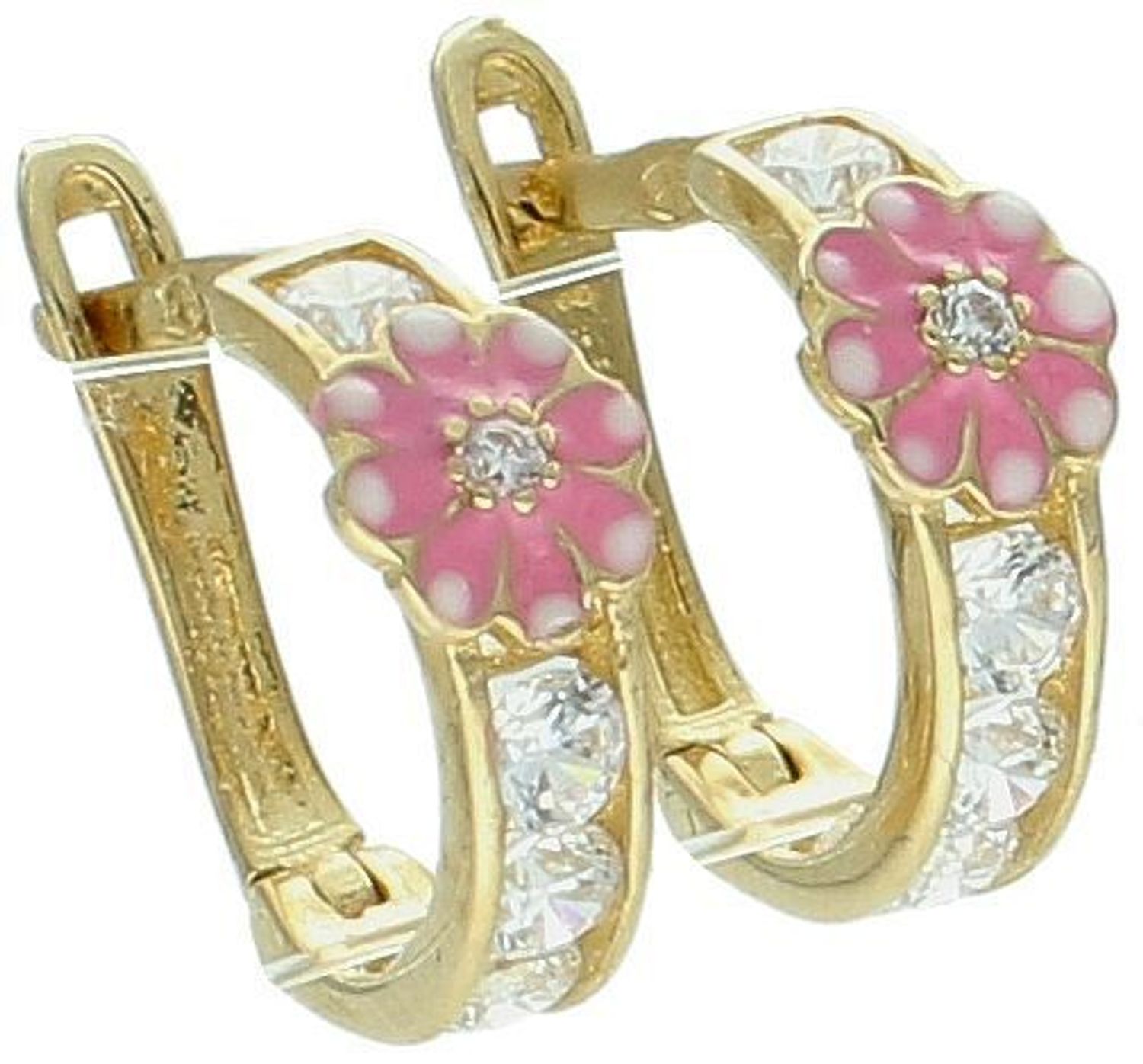 Złote kolczyki dla dziewczynki białe cyrkonie i różowe kwiatki 585 - DIA-KLC-10873-585. Złote kolczyki różowe kwiatki z 14- karatowego złota ozdobione białymi cyrkoniami. Złote kolczyki  DIA-1.jpg