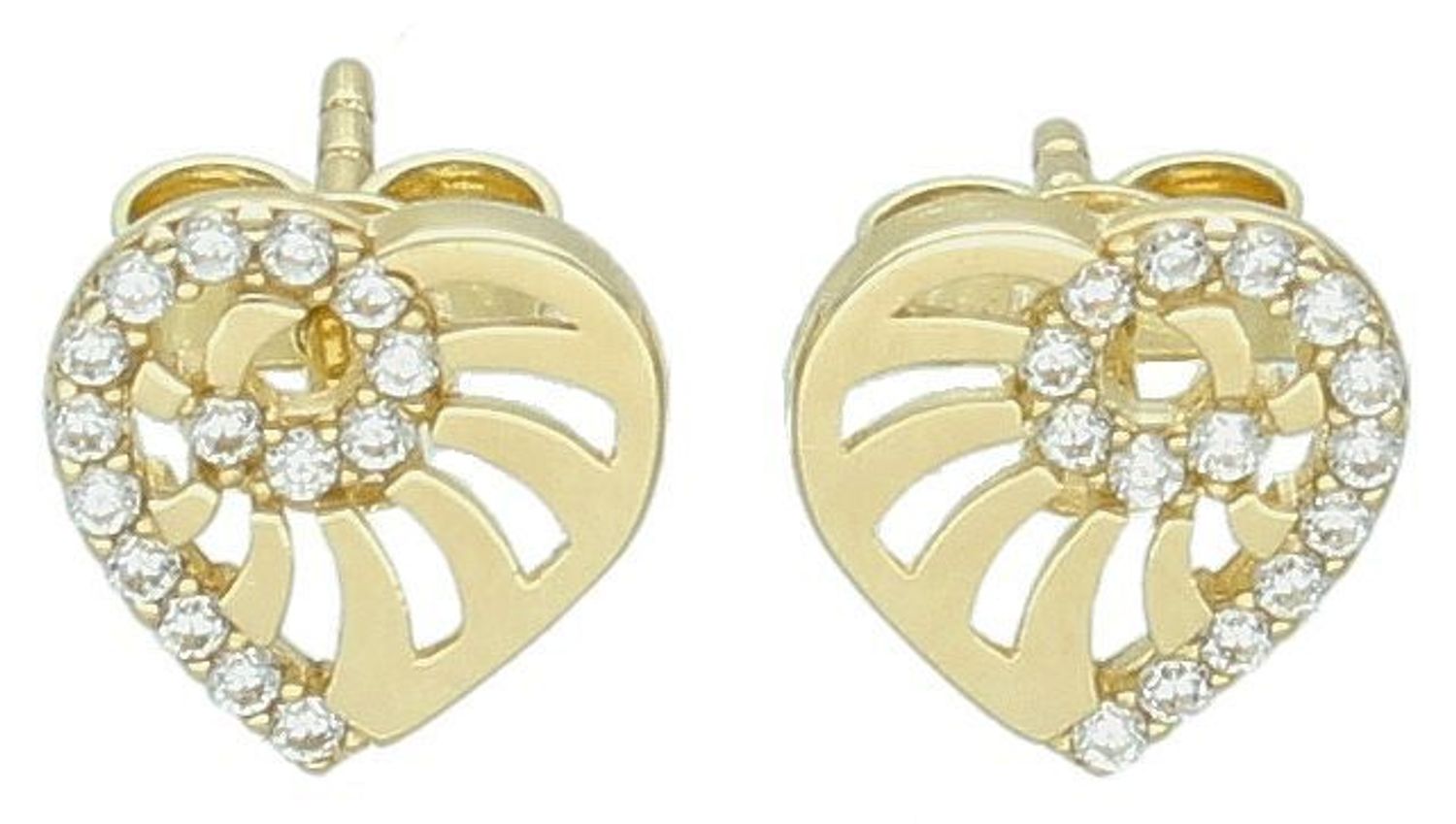 Kolczyki złote serca z cyrkoniami na sztyft pr 585, DIA-KLC-10874-585 Złote kolczyki wykonane z 14-karatowego żółtego złota, próba 585. Kolczyki z miłosnym akcentem. Kolczyki zostały 1.jpg