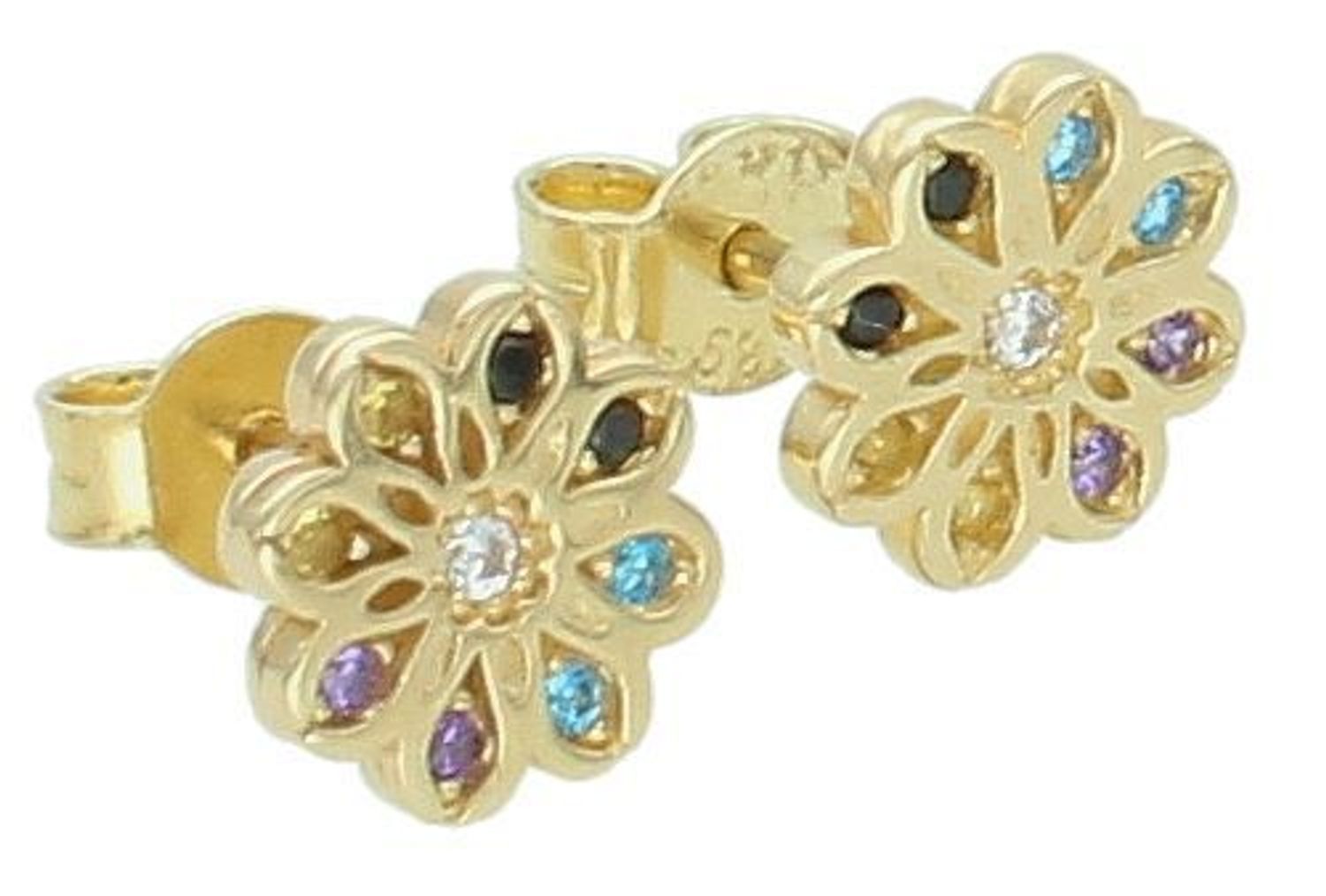 Kolczyki złote kwiatki kolorowa cyrkonia pr 585, DIA-KLC-10877-585 Kolczyki mają kształt kwiatka, ozdobione kolorową cyrkonią. Kolczyki to ponadczasowa biżuteria1.jpg