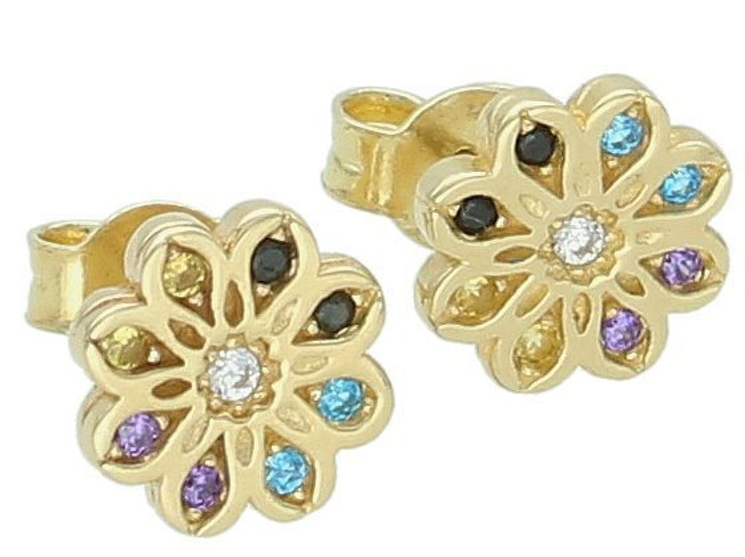 Kolczyki złote kwiatki kolorowa cyrkonia pr 585, DIA-KLC-10877-585 Kolczyki mają kształt kwiatka, ozdobione kolorową cyrkonią. Kolczyki to ponadczasowa biżuteria1.jpg