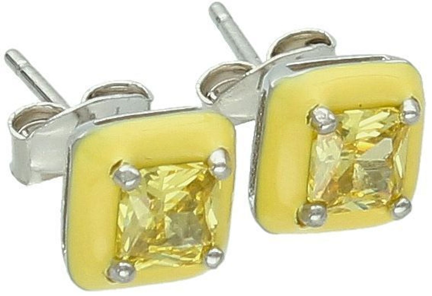 Kolczyki damskie ze srebra 925 w kształcie kwadracików, zdobione żółtą emalią i cyrkoniami. Waga 1,20 g, wielkość 7 mm, zapięcie na sztyft. Stylowe i lekkie.1.jpg