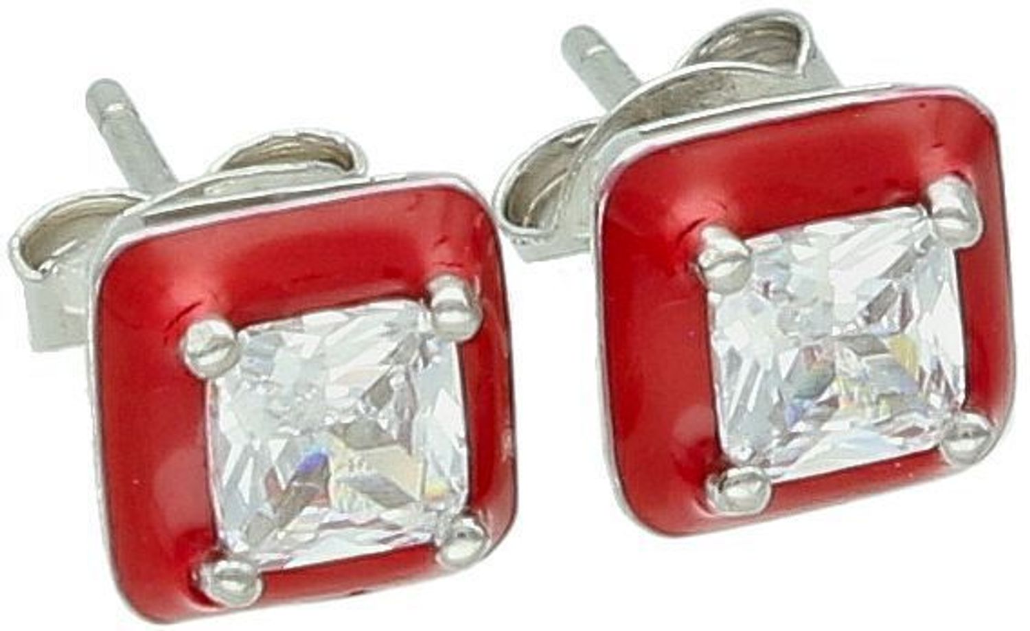 Eleganckie kolczyki damskie ze srebra próby 925 w kształcie kwadracików. Zdobione czerwoną emalią i białą cyrkonią. Model DIA-KLC-10942-925, 7 mm, zapięcie na sztyft.1.jpg