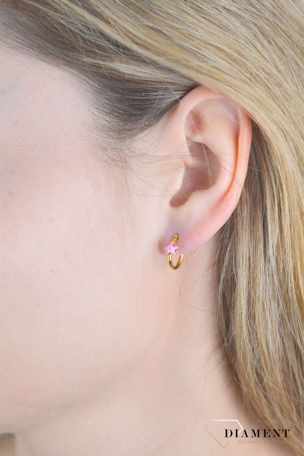 Srebrne kolczyki pozłacane z różową gwiazdką DIA-KLC-10973-925.jpg