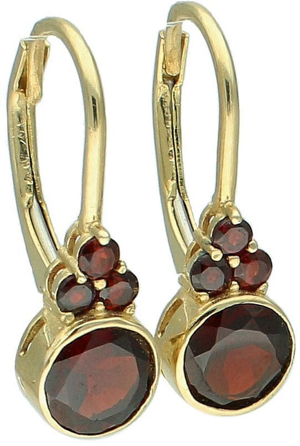 Kolczyki damskie 585 burgundowe cyrkonie DIA-KLC-11048-585 Złote kolczyki zostały wykonane z złota próby 585. Biżuteria została ozdobione cyrkonią w burgundowym odcieniu. 1.jpg