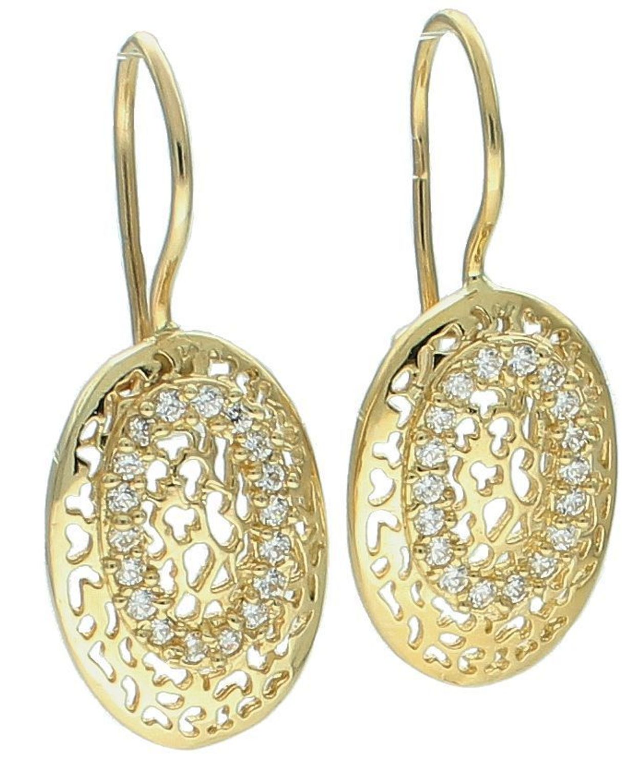 Kolczyki złote wiszące ażurowe owale z cyrkoniami, próba 585. Duże złote kolczyki. Pokaźna złota biżuteria. Kolczyki wiszące złote. Prezent dla kobiety. Złota biżuteria. Modne kolczyki. 1.jpg