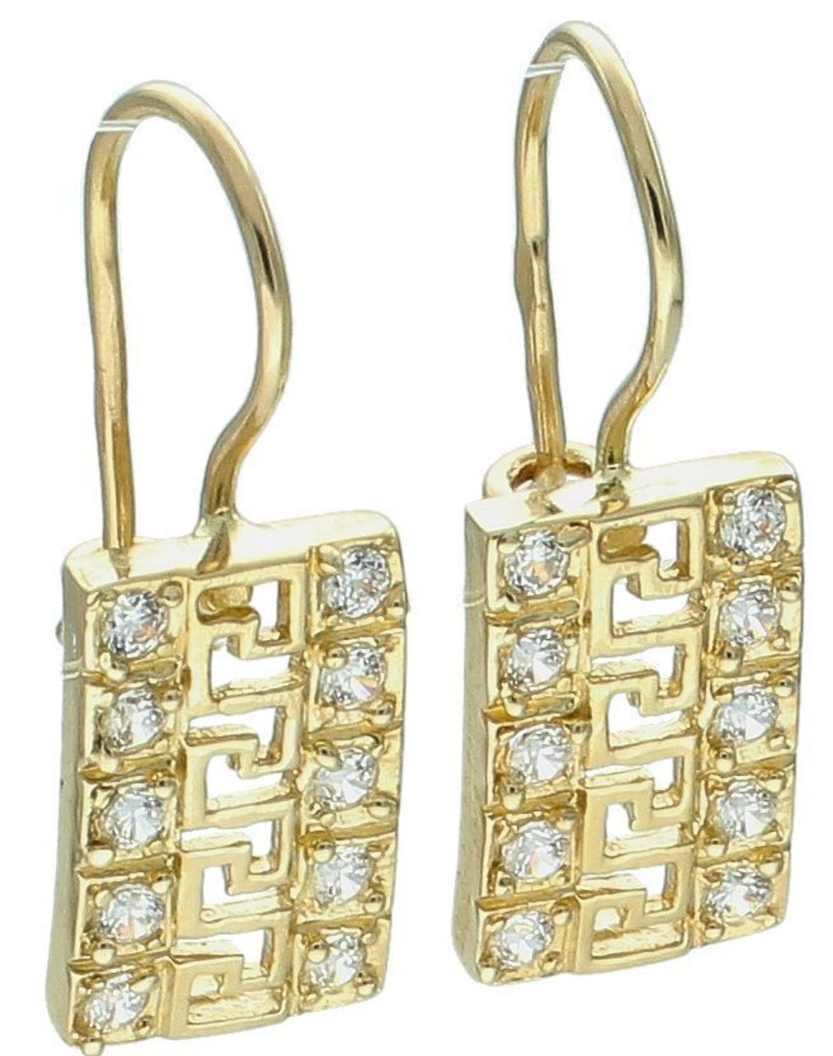 Kolczyki złote wiszące z drogą grecką i cyrkoniami pr 585, DIA-KLC-11121-585 e wyjątkowe kolczyki złote łączą w sobie klasyczny design z eleganckim, nowoczesnym akcentem.1.jpg