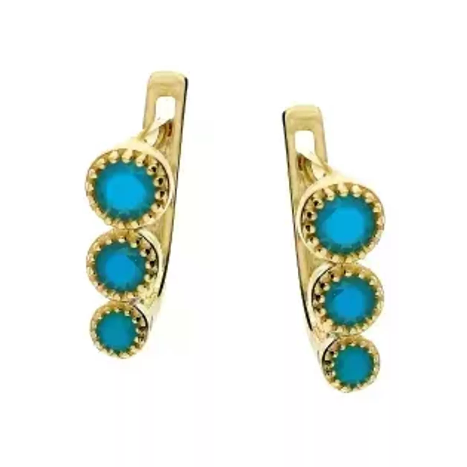 Damskie kolczyki złote 375 Kolczyki z trzema okrągłymi Turkusami Jubilerskimi DIA-KLC-11179-375. Złote Kolczyki na zapięcie angielskie typu lira . Złote kolczyki z turkusami Jubilerskimi. Damskie złote kolczyki idealne na p.webp
