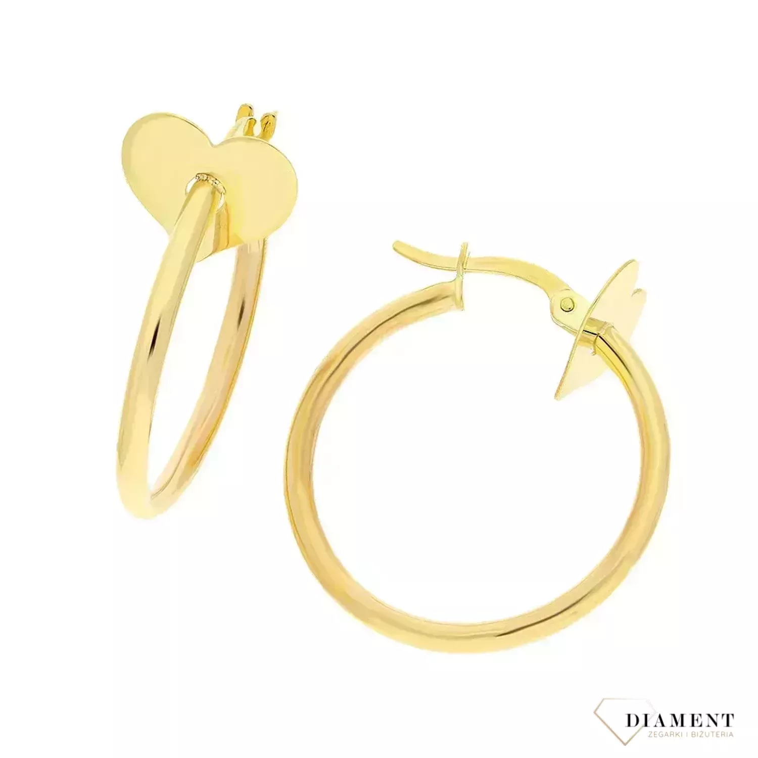 Złote kolczyki damskie 375 Kolczyki koła z wiszącymi sercami DIA-KLC-11185-375 Damska złota biżuteria, to idealny pomysł na prezent. Złota kolczyki damskie o formie gładkich kółek. Kolczyki damskie wygodne i ponadczasowe..webp
