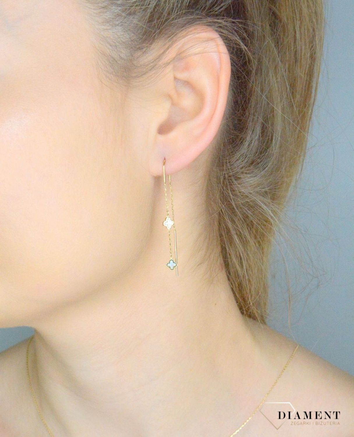 Złote kolczyki damskie 375 Złote kolczyki przeciągane Koniczynki z masą perłową DIA-KLC--11194-375.jpg