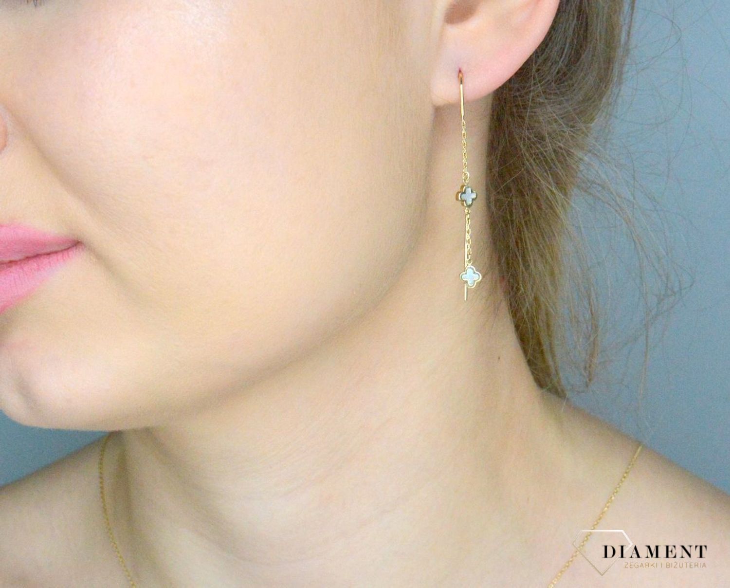 Złote kolczyki damskie 375 Złote kolczyki przeciągane Koniczynki z masą perłową DIA-KLC--11194-375.jpg