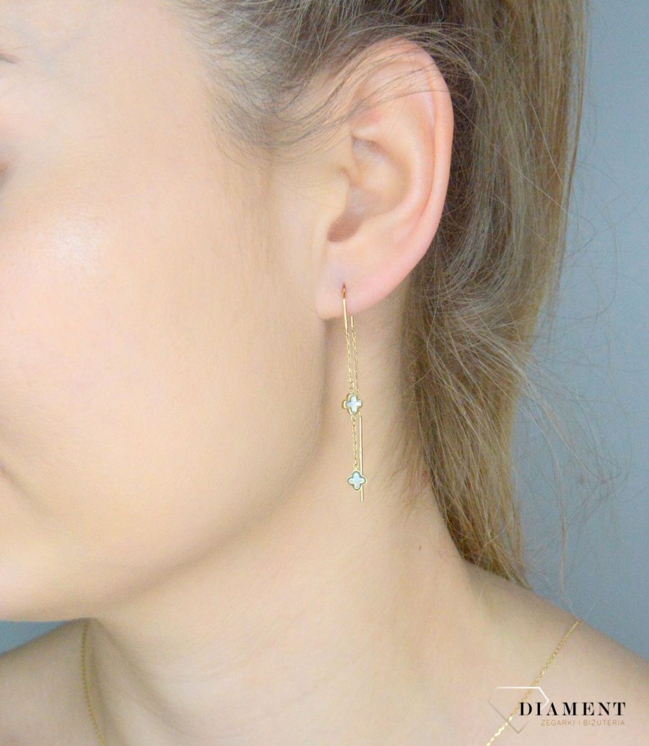 Złote kolczyki damskie 375 Złote kolczyki przeciągane Koniczynki z masą perłową DIA-KLC--11194-375.jpg