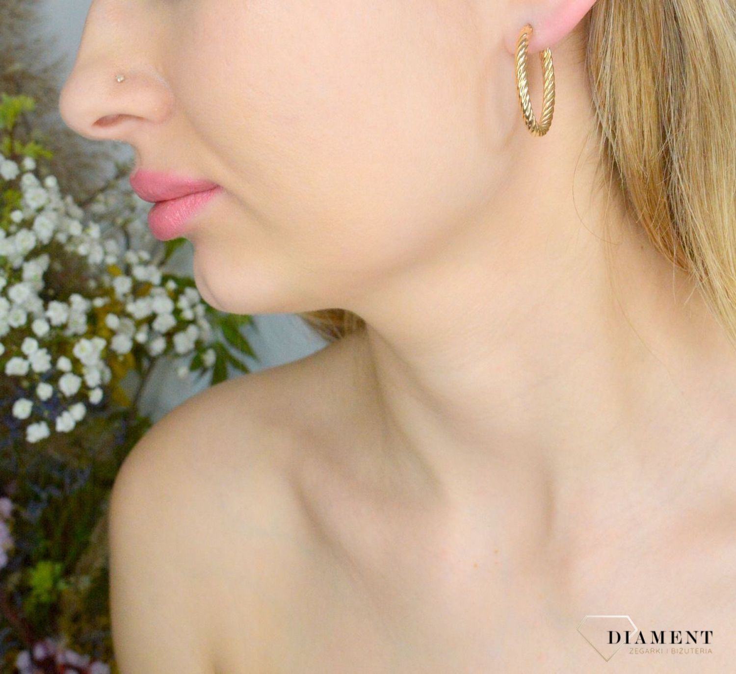 Kolczyki damskie złote 585 Owalne kółka z motywem sznura DIA-KLC-11221-585.webp