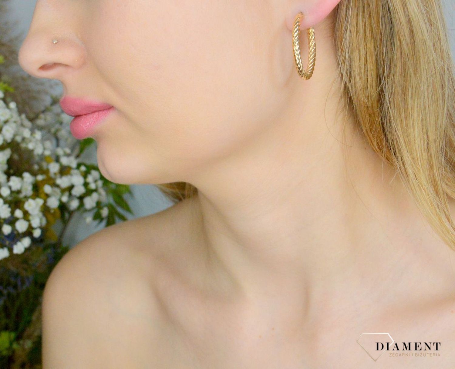 Kolczyki damskie złote 585 Owalne kółka z motywem sznura DIA-KLC-11221-585.webp