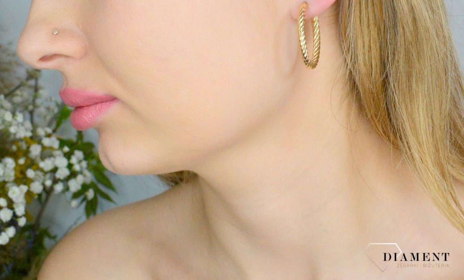 Kolczyki damskie złote 585 Owalne kółka z motywem sznura DIA-KLC-11221-585.webp