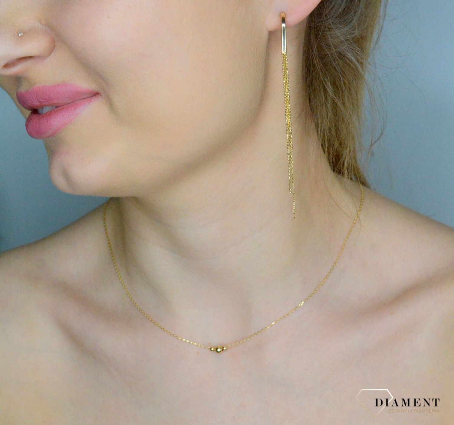 Kolczyki damskie złote 375 Pałki i wiszące łańcuszki DIA-KLC-11252-375.jpg