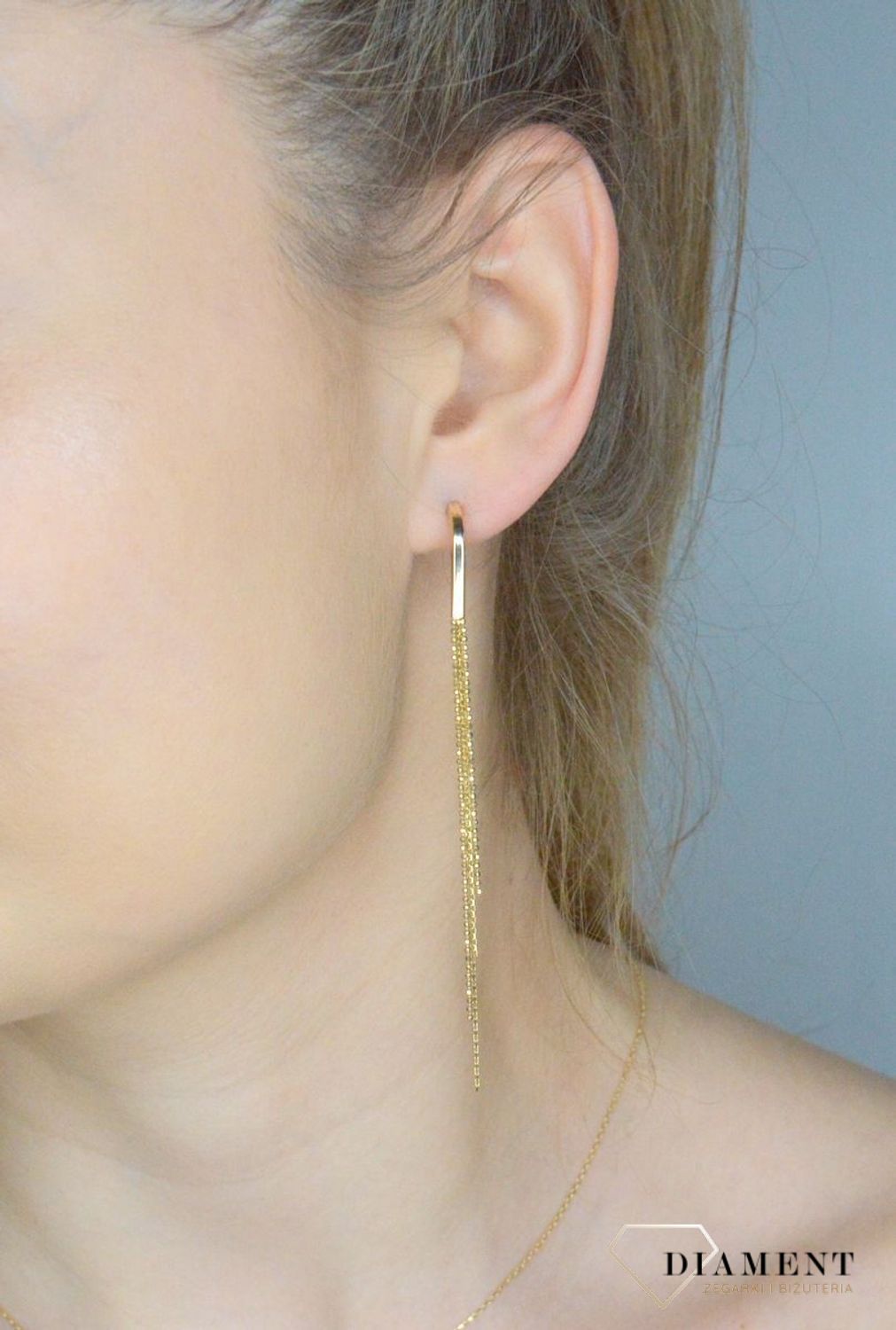 Kolczyki damskie złote 375 Pałki i wiszące łańcuszki DIA-KLC-11252-375.jpg